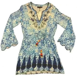 NWT Hemant & Nandita Blue Tie Waist Dress With Beaded Tassels Size Small